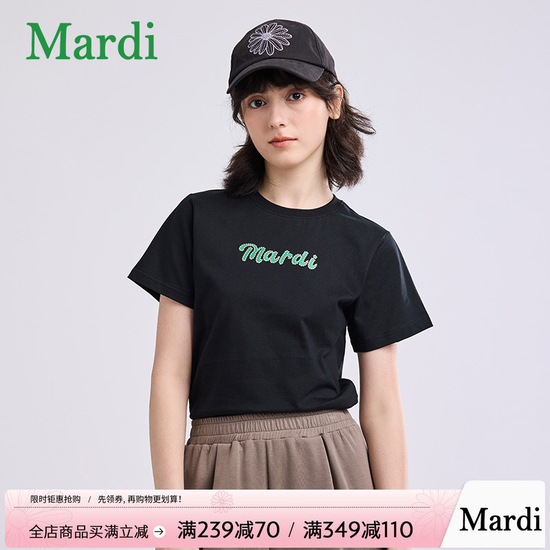 MARDI官方正品短袖T恤字母印花新款女正肩纯棉修身显瘦上衣2025夏