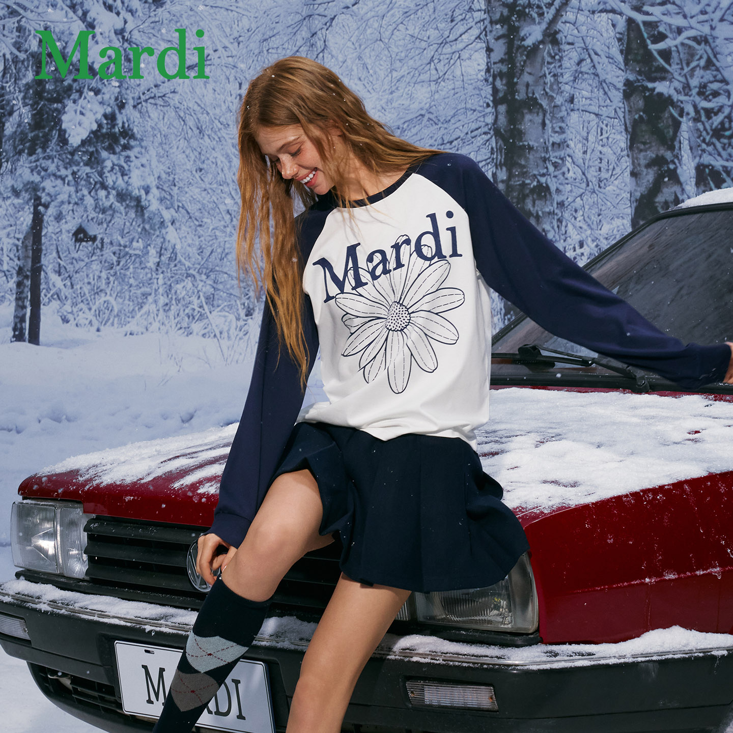 MARDI秋季女雏菊插肩撞色T恤