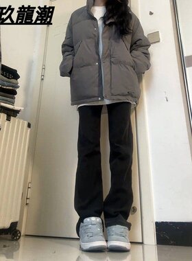 春秋美式高街黑色牛仔裤男女情侣通勤cleanfit窄版显瘦直筒长裤男