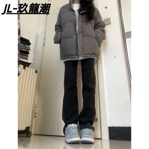 春秋美式高街黑色牛仔裤男女情侣通勤cleanfit窄版显瘦直筒长裤男