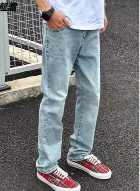 美式复古水洗浅蓝色长裤子春秋男款潮牌直筒弹力百搭修身牛仔裤男