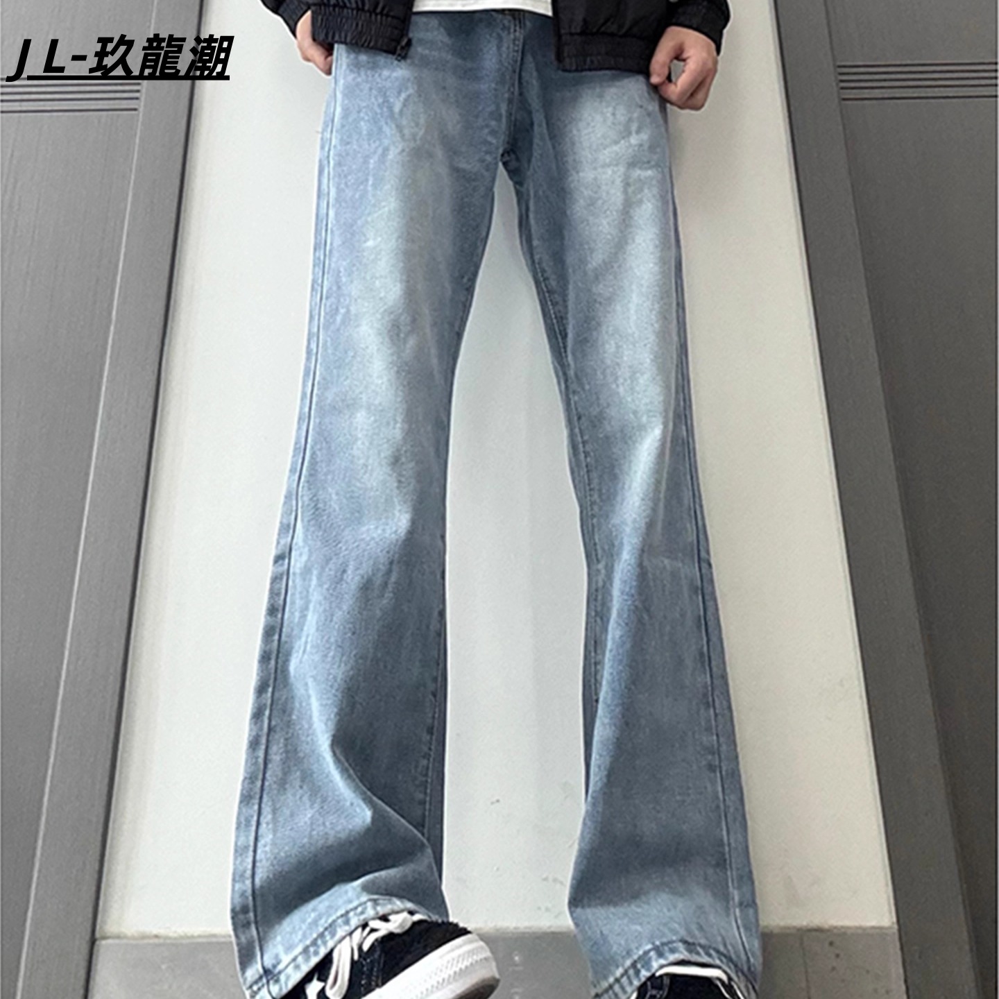 bacre浅蓝色牛仔裤男款春秋美式高街vibe裤子弹力修身直筒长裤z男