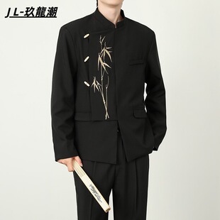 新中式男士礼服订婚礼不规则西装套装国风立领金竹刺绣中山装西服