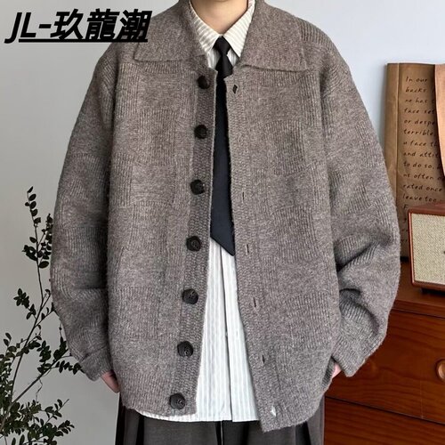 秋冬中性复古针织衫男女情侣学院风古早开衫毛衣男休闲通勤外套男