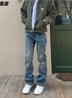 美式高街cleanfit浅蓝色水洗牛仔裤男直筒修身显瘦弹力长裤子潮牌