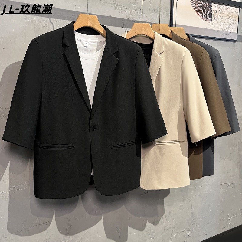 轻熟风七分袖休闲西装夏季薄款韩版潮流宽松短袖百搭男士商务西服