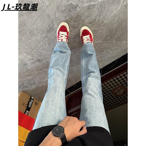 春夏新款浅蓝色cleanfit美式高街牛仔裤男长裤中腰弹力窄版直筒裤