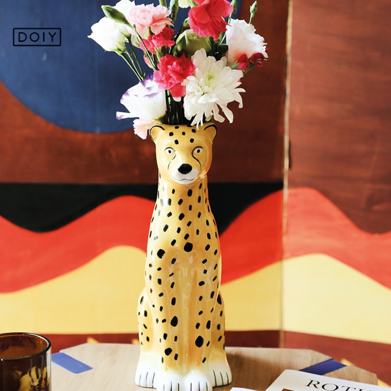 西班牙doiy复古豹子动物花瓶花盆摆件陶瓷in花器中古创意老虎