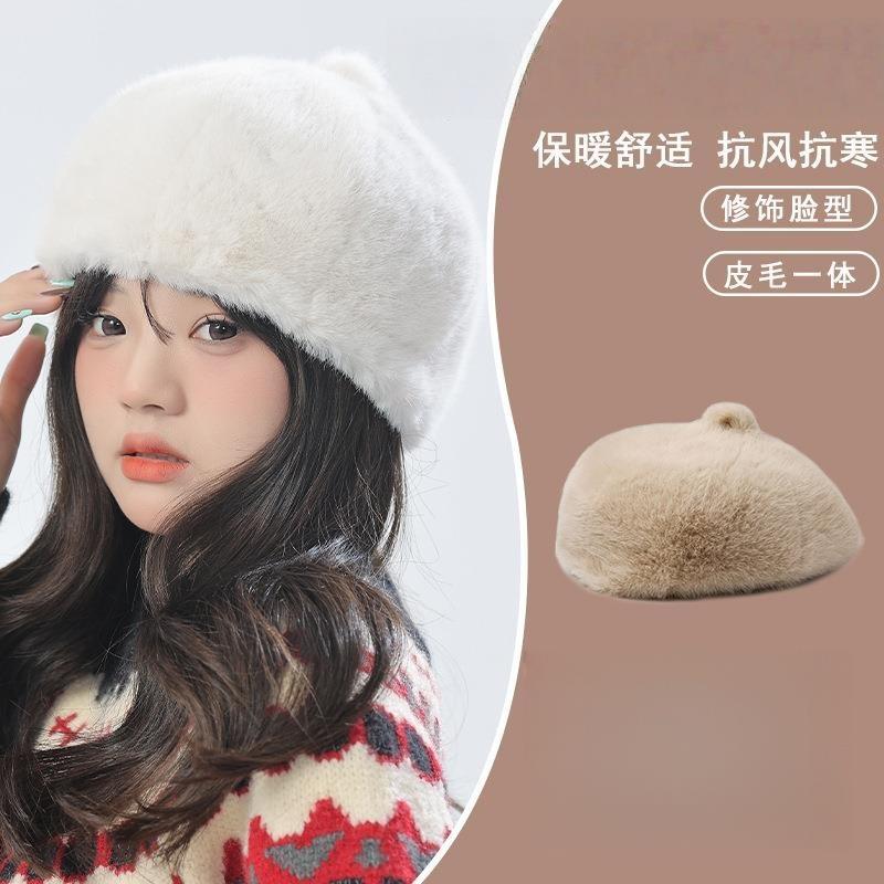 秋冬大头围黑色贝雷帽女冬季新款潮显脸小仿水貂毛帽子八角帽云朵