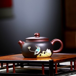 宜兴紫砂壶纯手工泥绘荷塘原矿老紫泥泡茶壶家用功夫茶具单壶名家