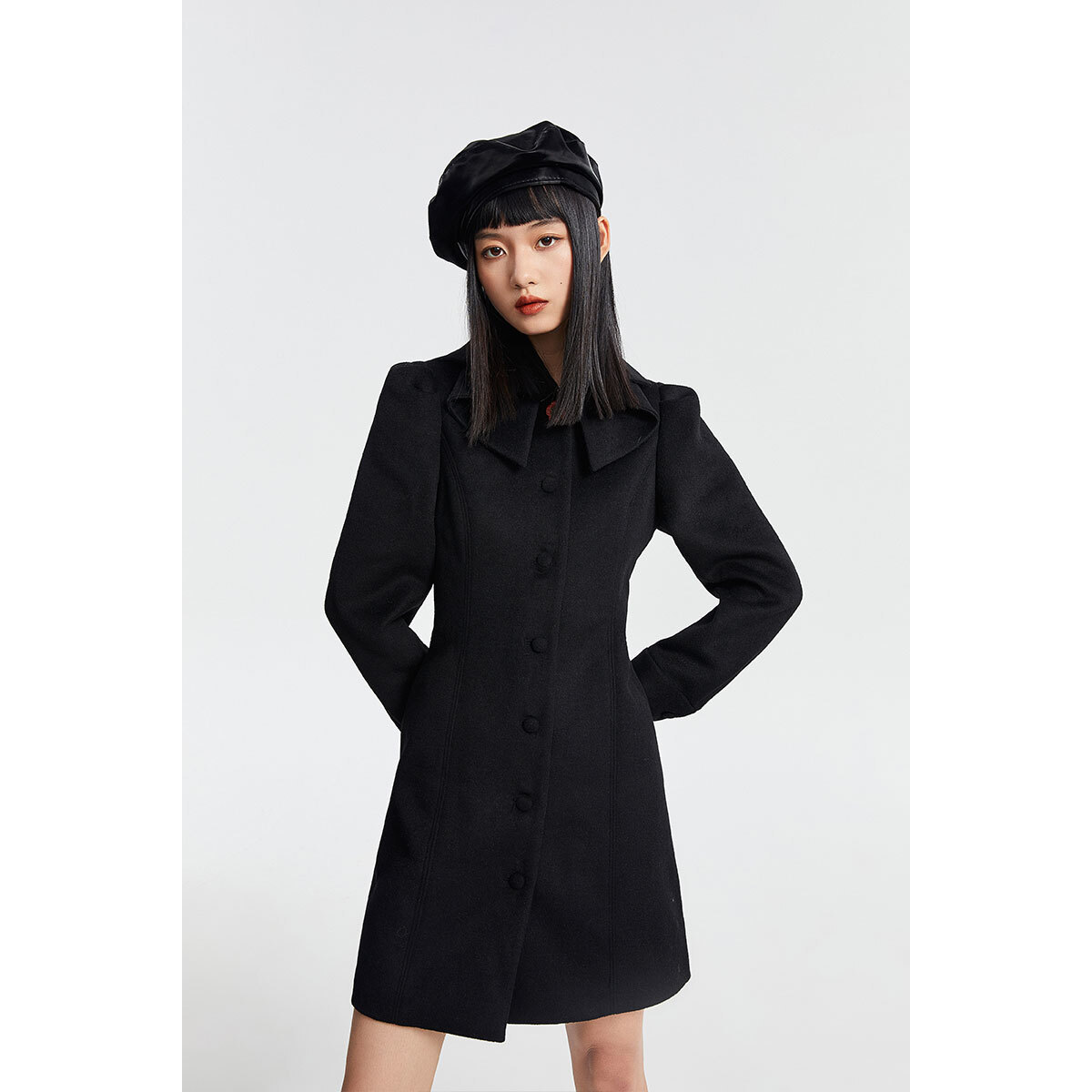 羊毛长袖莲花领连衣裙呢大衣外套