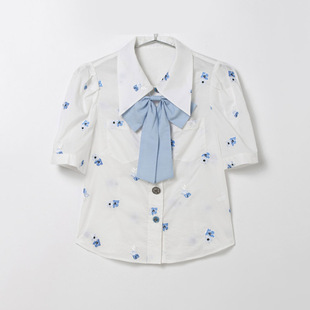 薄款 鸟撒柜清仓捡漏女装 透气蝴蝶结绣花衬衫 短袖 L544 夏季