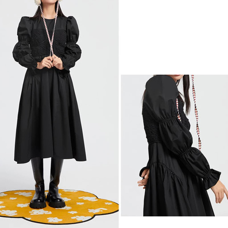 透气亲肤休闲肌理感藕节袖连衣裙