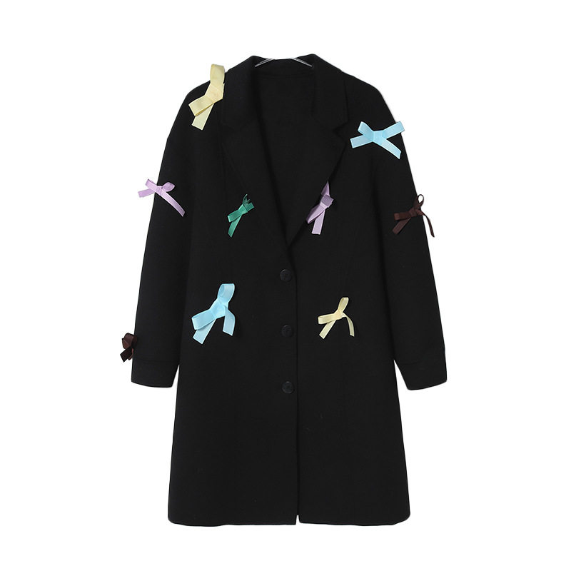 羊毛呢大衣女休闲蝴蝶结长款大衣