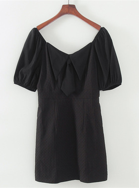 品牌撒柜捡漏女装 夏季短袖亲肤领带式短款连衣裙黑色裙子 Z640