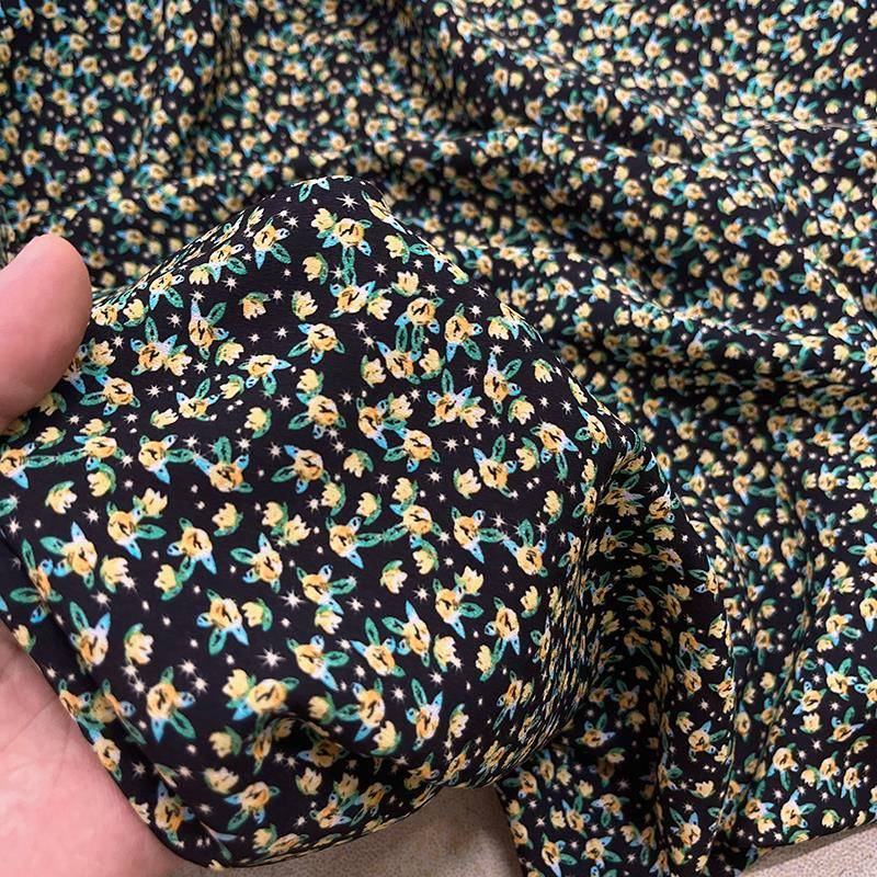 小碎花雪纺布料夏季黑色底垂感长裙连衣裙礼服衬衫服装设计面料