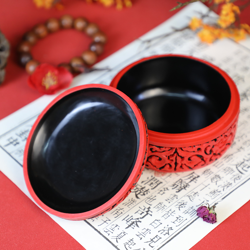 北京漆器首饰盒漆雕牡丹首饰盒雕漆民间工艺品剔红雕漆首饰盒摆件