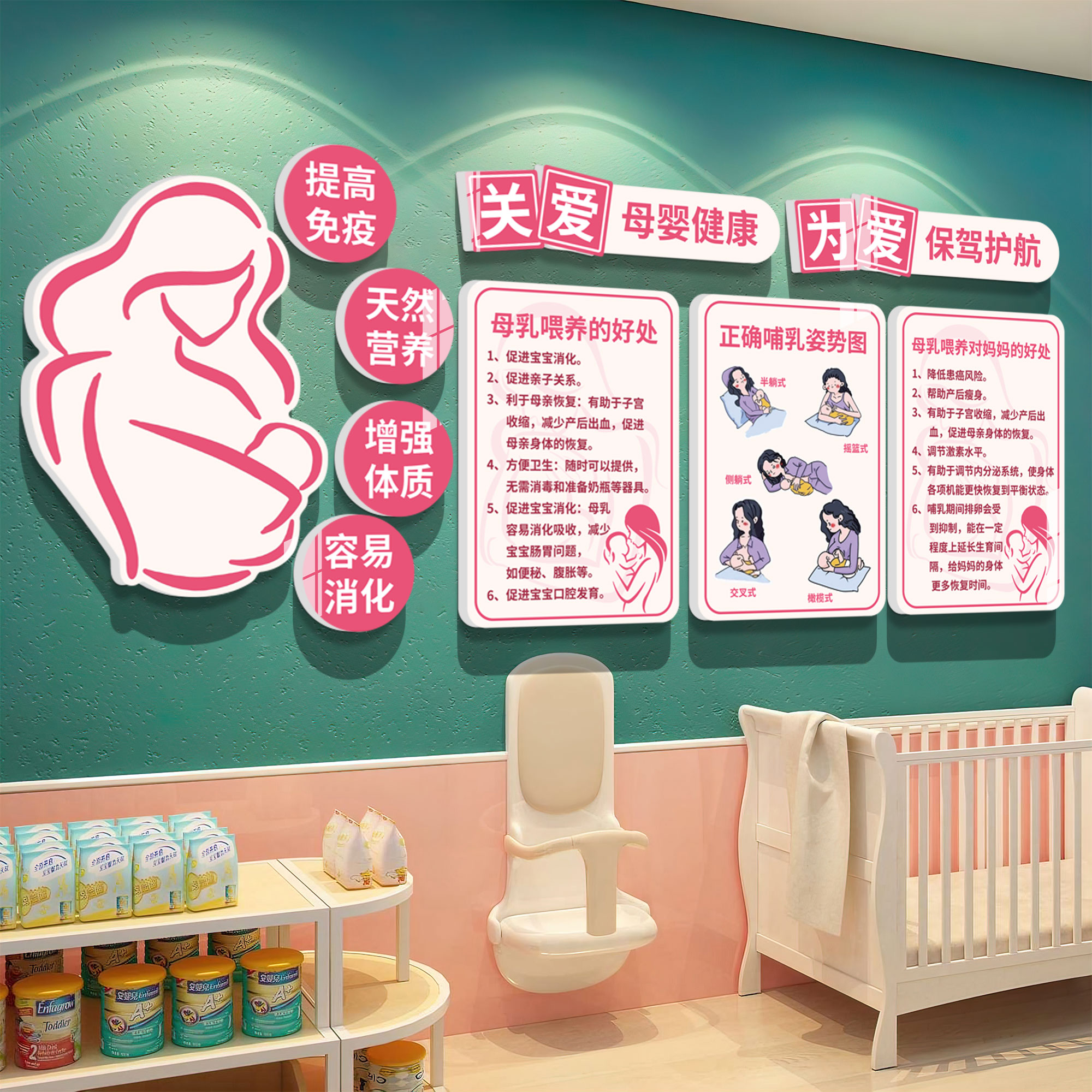 母婴室墙面装饰挂壁画月子中心医院哺育知识宣传海报形象背景墙纸