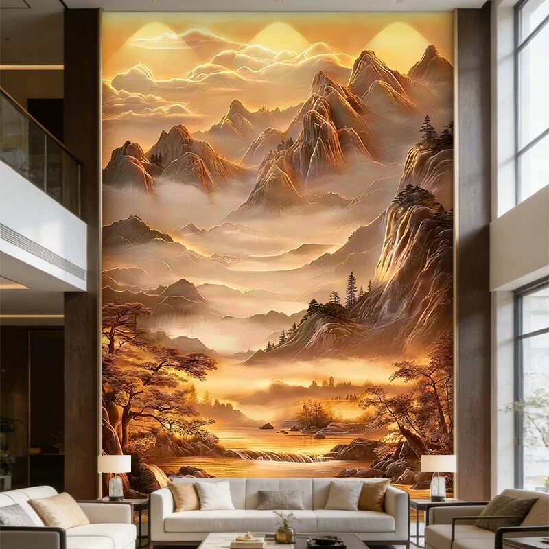 轻奢山水浮雕32D壁画别墅挑高复式楼电视背景墙酒店大堂挑空墙纸