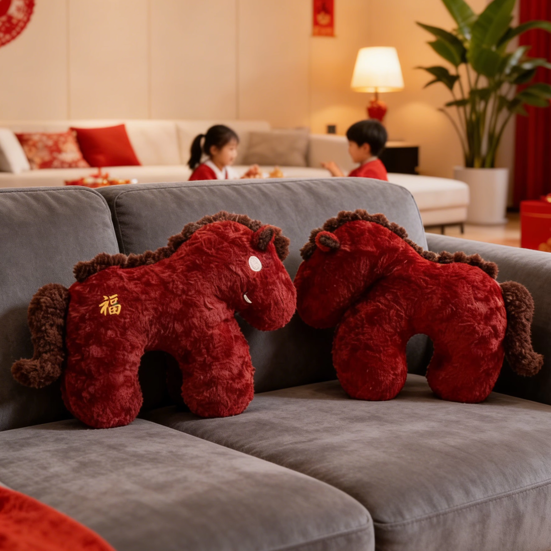 红色生肖马造型抱枕客厅沙发靠垫福字刺绣春节氛围感装饰新中式,居家布艺,靠垫/抱枕,淘宝优惠券,粉丝福利购,淘宝优惠卷