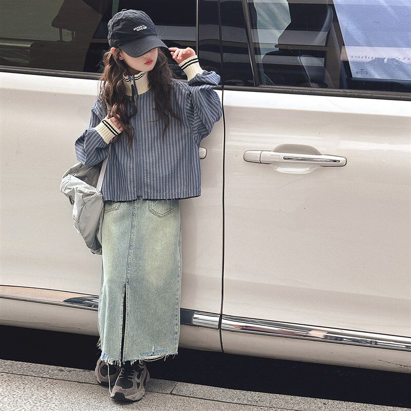 女童衬衫套装秋季新款女孩牛仔半身裙洋气上衣两件套中大儿童衣服