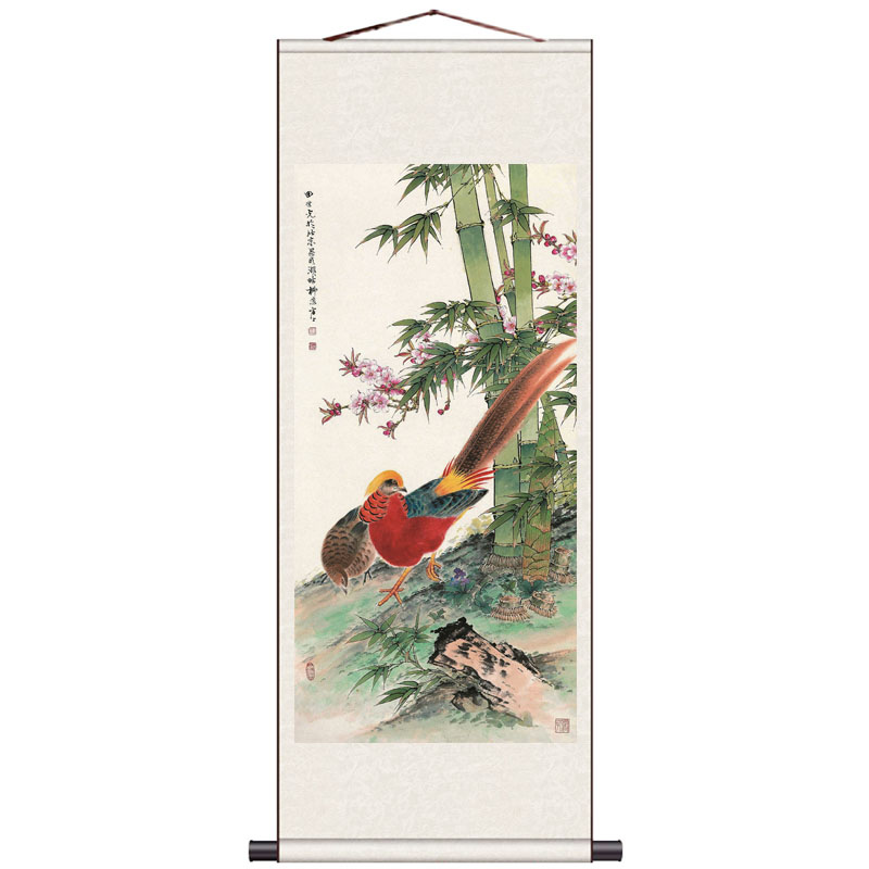 丝绸卷轴挂画国画花鸟画丹凤朝阳富贵孔雀家居装饰画牡丹小鸟竹子