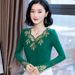 新款 时尚 小衫 蕾丝打底衫 内搭修身 2020春装 薄款 网纱上衣洋气 女长袖