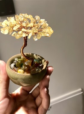 玄关高级聚宝盆小摆件陶瓷底座水晶发财树办公桌面创意手工工艺品