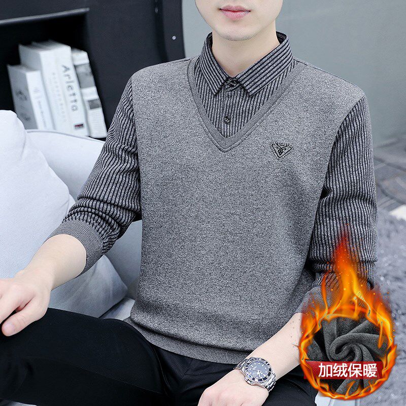 保暖内衣男单件上衣秋冬季加绒加厚衬衫领线衣防寒发热贴身打底衫