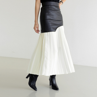 白色百褶裙长款半身裙女秋季皮裙拼接春秋长裙a字裙包臀高腰裙子