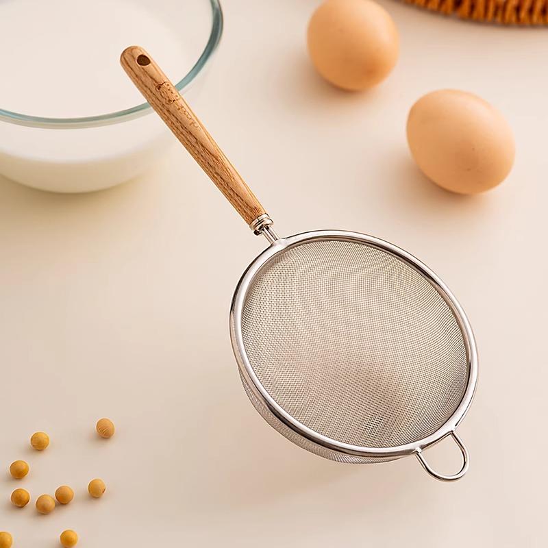 onlycook 304不锈钢木柄漏勺厨房过滤网筛面粉筛豆浆细网漏网捞勺