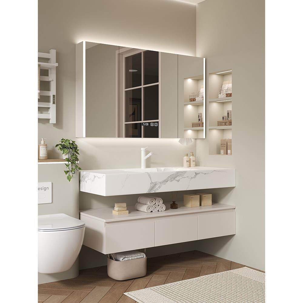 不锈钢定制奶油风格浴室柜组合板岩热弯集成盆浴室水槽洗手盆