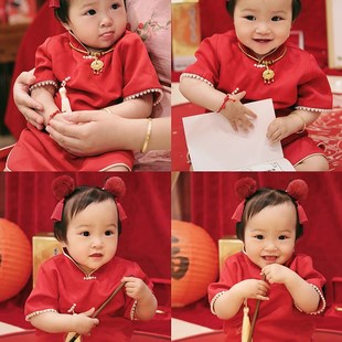 2024新款女童春夏款连衣裙国风汉服套装红色洋气长袖旗袍周岁礼服