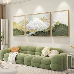 客厅挂画免打孔钉沙发背景墙2023新款客厅东墙靠山三连装饰画蓝色