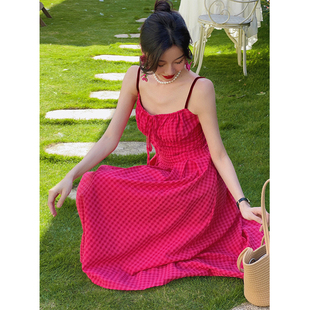 Haze禾枝《树莓甜心》港风红色格子吊带连衣裙女夏气质显瘦a字裙