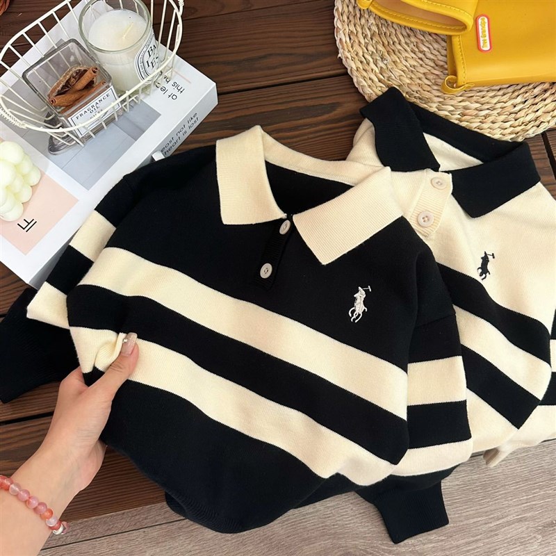 2025春秋新款儿童翻领条纹毛衣男女童休闲针织保暖洋气POL0衫毛衫