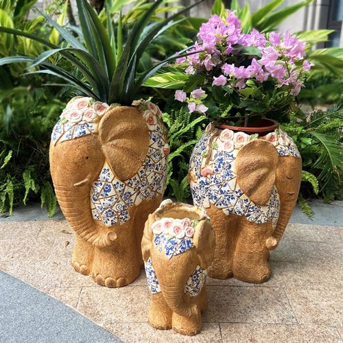 庭院大象花盆造型室外别墅门口花园装饰户外真青花花盆装饰摆件