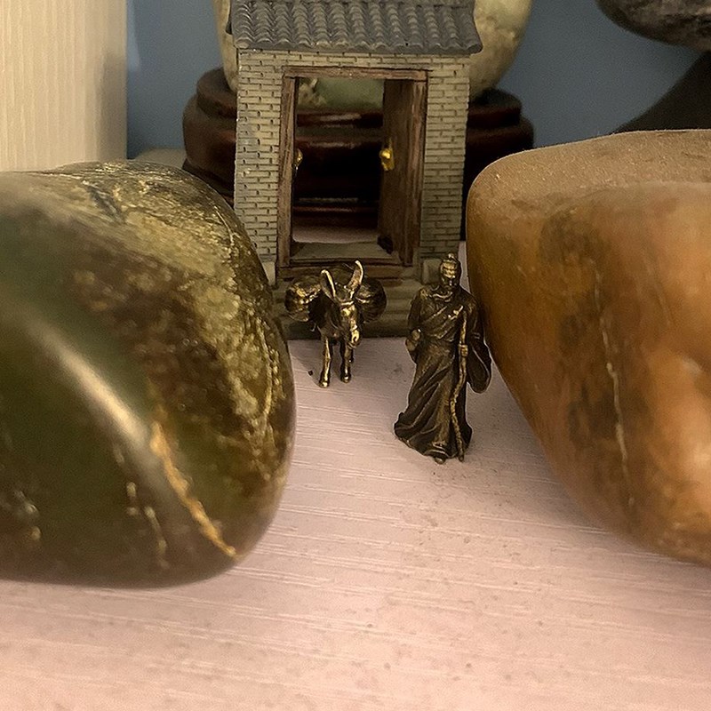 黄铜云游老人驴华佗茶桌盆景植物假山流水鱼缸摆件微型景观模型