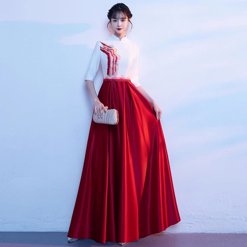 国风大合唱团演出服长裙女新中式民歌独唱晚礼服红色指挥年会旗袍