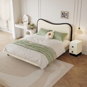 大司马法式 奶油风1米8床双人床头软包靠背一体落地大床主卧布艺床