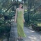 绝美显瘦满印修身 E7Q8 海边度假掐腰吊带连衣裙女生夏季 V领长裙子