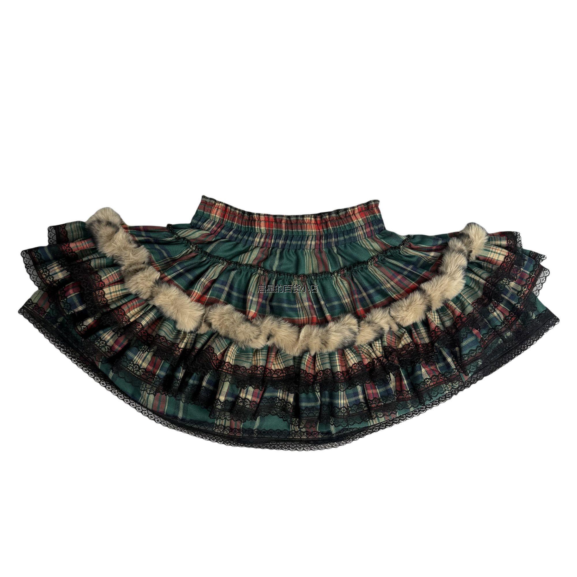 亚文化y2k甜酷朋克暗黑系格子蕾丝花边可爱毛毛蓬蓬蛋糕裙