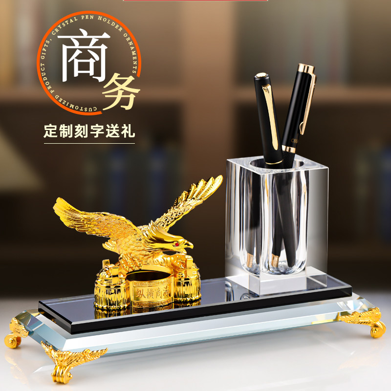 新款办公室桌面摆件水晶笔筒老板办公室高档装饰用品轻奢礼品礼物