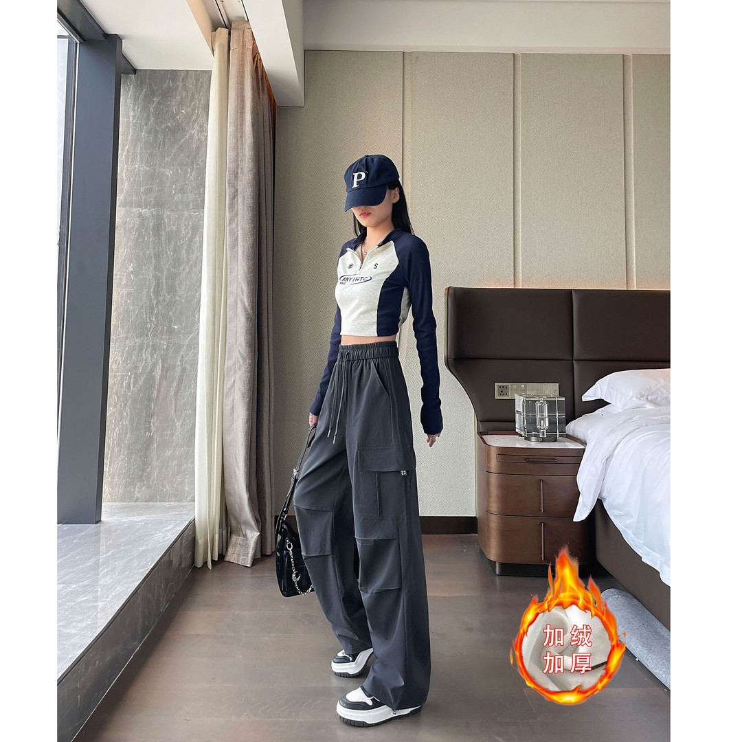 冬季高腰加绒加厚工装裤女宽松直筒阔腿裤束脚休闲瘦版阔腿裤动裤