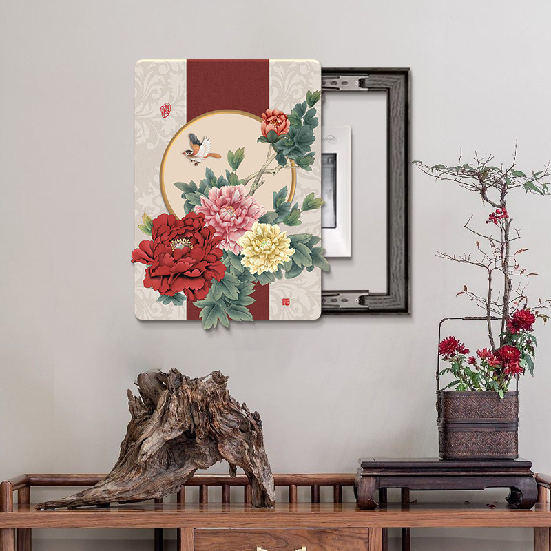 新中式荷花竖版电表箱装饰画客厅开关总电源配电箱遮挡盒餐厅挂画