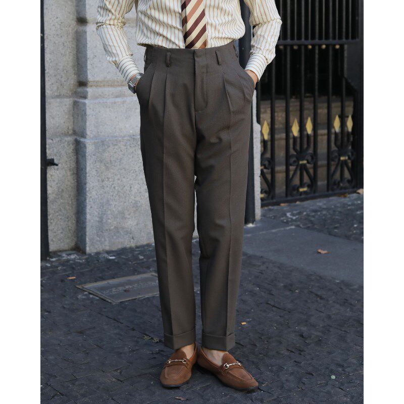 复古高腰好莱坞西裤修身小直筒双褶免烫上班垂感休闲棕色意式西裤