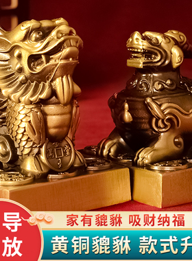 铜貔貅摆件招财一对公母纯黄铜貔恘皮丘貔犰家用客厅店铺开业礼品