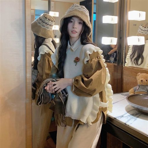 大码女装2024秋胖mm时尚两件套木耳边宽松针织马甲+翻领拼色衬衫