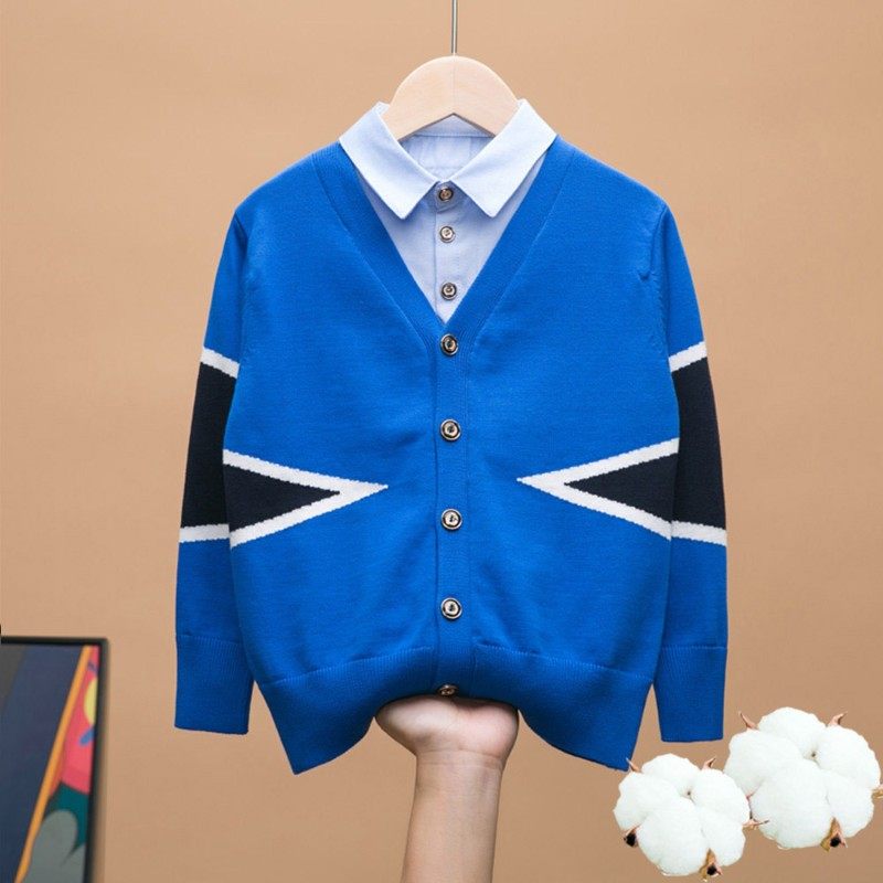 开衫秋冬薄款全棉男童针织童装中大童假两件打底衫纯棉毛衣衬衫领