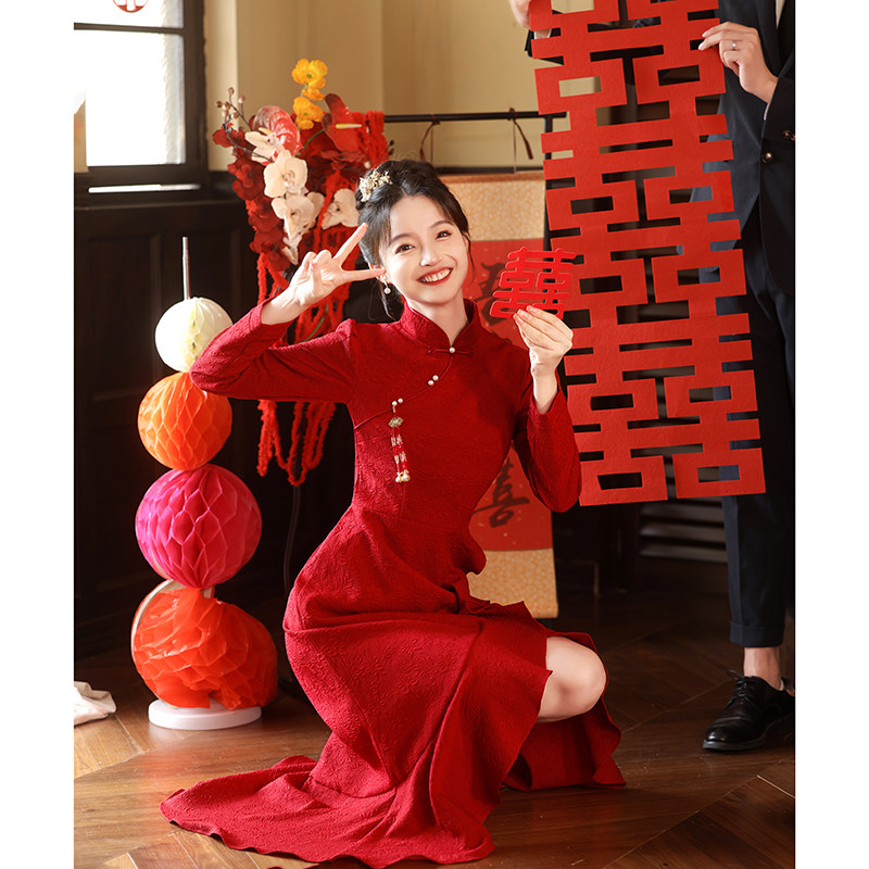 新中式鱼尾旗袍敬酒服2024新款新娘酒红色长袖结婚红裙子订婚礼服